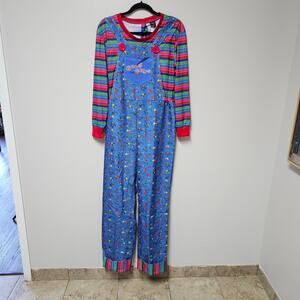 Women's Chucky Costume, blue with printed top and bib size Large